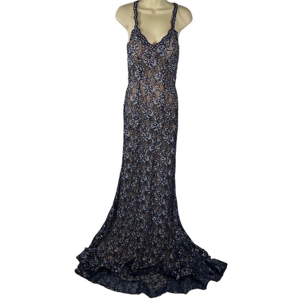 Jovani Formal Prom Long Dress Navy & Silver Lace Nude Lined with Rhinestones 0